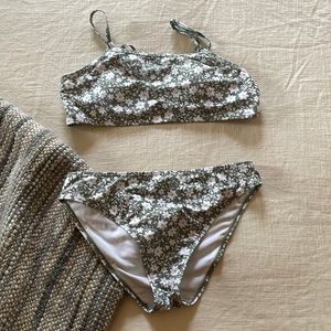 Green and white floral print bikini